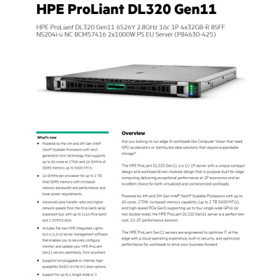 HPE PL DL320g11 6526Y (2.8/16C) 4x32G (p64706) 8SFF NS204(2x480Gm.2) 2x1000W 2p10GT 7F Smart Choice