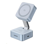 UGREEN magnetická bezdrátová nabíječka 2v1 MagFlow Qi2.2, 25W, MagSafe, stříbrná