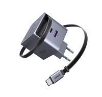 UGREEN síťová rychlonabíječka se zatahovacím kabelem 45W 3-Port, 2x USB-C, 1x USB-A, GaN, stříbrná