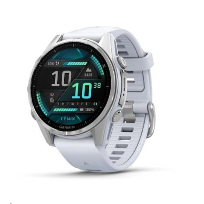 Garmin fenix® 8 – 43 mm, AMOLED, Silver / Whitestone se silikonovým řemínkem.