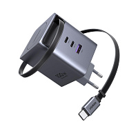 UGREEN síťová rychlonabíječka se zatahovacím kabelem 100W 3-Port, 2x USB-C, 1x USB-A, GaN, stříbrná