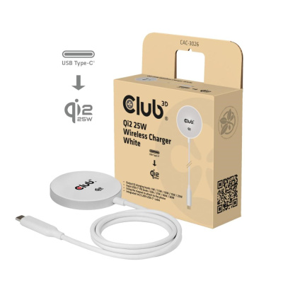 Club3D Bezdrátová nabíječka, 1x Qi2 25W, MagSafe, Qi certifikováno, bílá