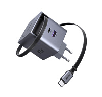 UGREEN síťová rychlonabíječka se zatahovacím kabelem 65W 3-Port, 2x USB-C, 1x USB-A, GaN, stříbrná