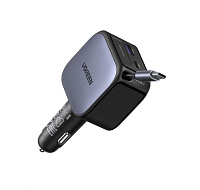 UGREEN rychlonabíječka do auta se zatahovacím kabelem 90W 3-Port, 2x USB-C,1x USB-A, GaN, stříbrná