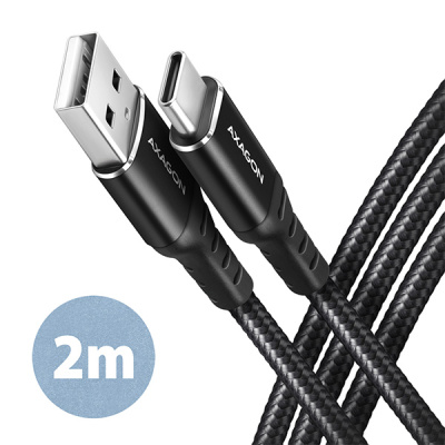 AXAGON BUCM-AM20AB, HQ kabel USB-C <-> USB-A, 2m, USB 2.0, 3A, ALU, oplet, černý